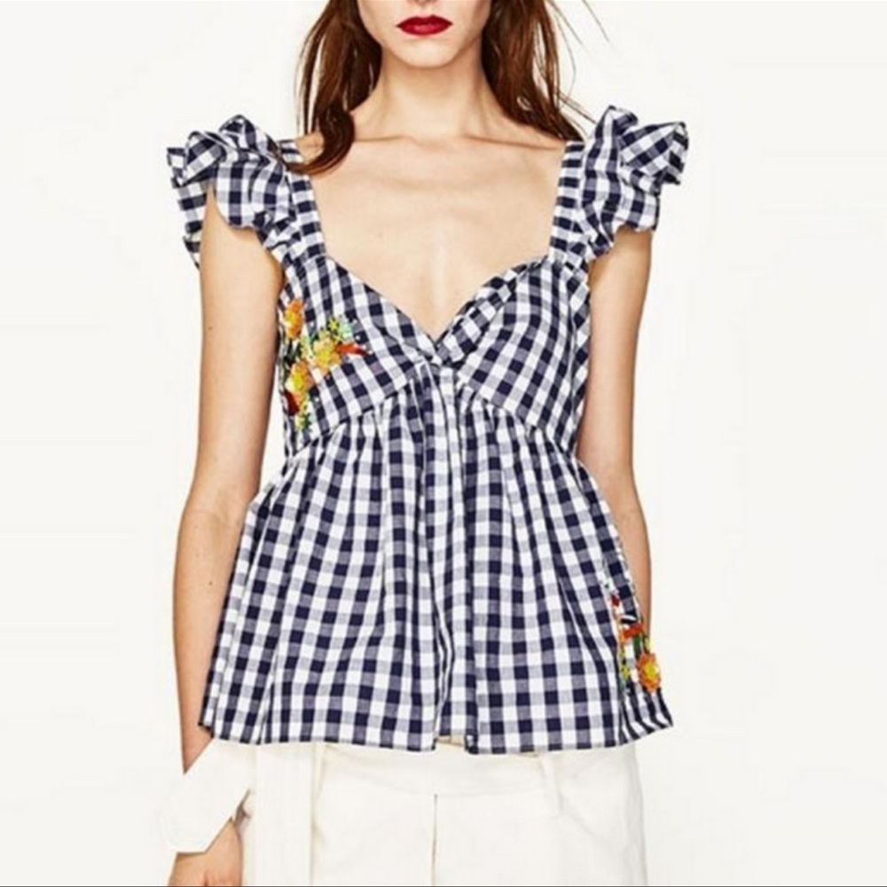 ZARA GINGHAM PARROT SEQUIN NAVY WHITE BLOUSE SZ M